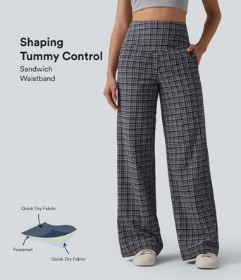 Figurbetonte Hose mit hohem Bund, Seitentaschen, Karomuster und weitem Bein - schnelltrocknend, knitterfrei