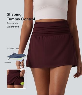 SoftlyZero™ Airy High Waisted Ruched Tummy Control 2-in-1 Mini A-line Cool Touch Tennis Skirt with Pockets-UPF50+