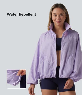 Durable Water Repellent Stand Collar Long Sleeve Zipper Workout Jacket with Pockets
