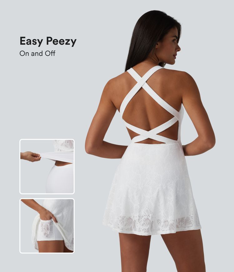 Robe de yoga évasée 2-en-1 SoftlyZero™ QuickDry avec soutien-gorge intégré, dentelle contrastée et poches - Édition Easy Peezy