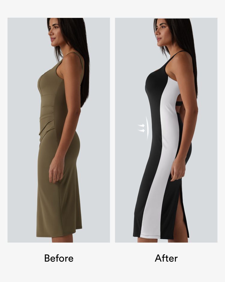 SoftlyZero™ Airy Built-in Bra Tummy Control Built-in Shapewear Bodycon Color Block Cool Touch Midi Dress-Easy Peezy Edition-UPF50+