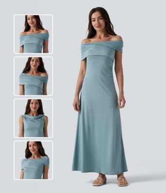 Schulterfreies, gerafftes Maxikleid mit Bindeband am Rücken