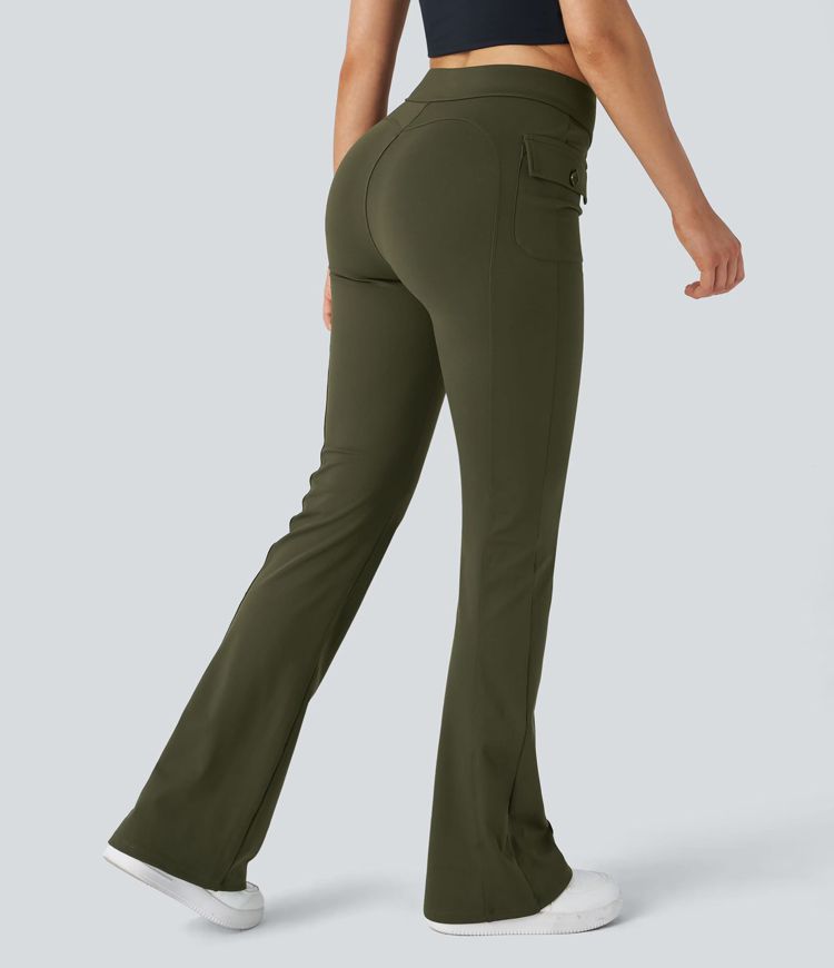 High Waisted Side Flap Pocket Flare Casual Cargo Pants