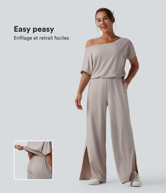 Casual asymmetrical short-sleeved jumpsuit with pockets and slit - Easy Peasy