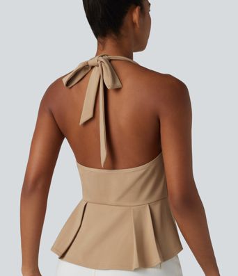 Halter Tie Back Pleated Casual Tank Top