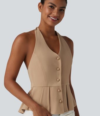 Halter Tie Back Pleated Casual Tank Top