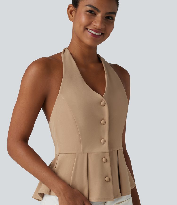 Halter Tie Back Pleated Casual Tank Top