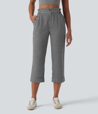 High Waisted Cropped Plaid Casual Linen-Feel Pants with Pockets