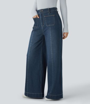 Halara Flex™ High Waisted Pockets Washed Casual Wide Leg Jeans