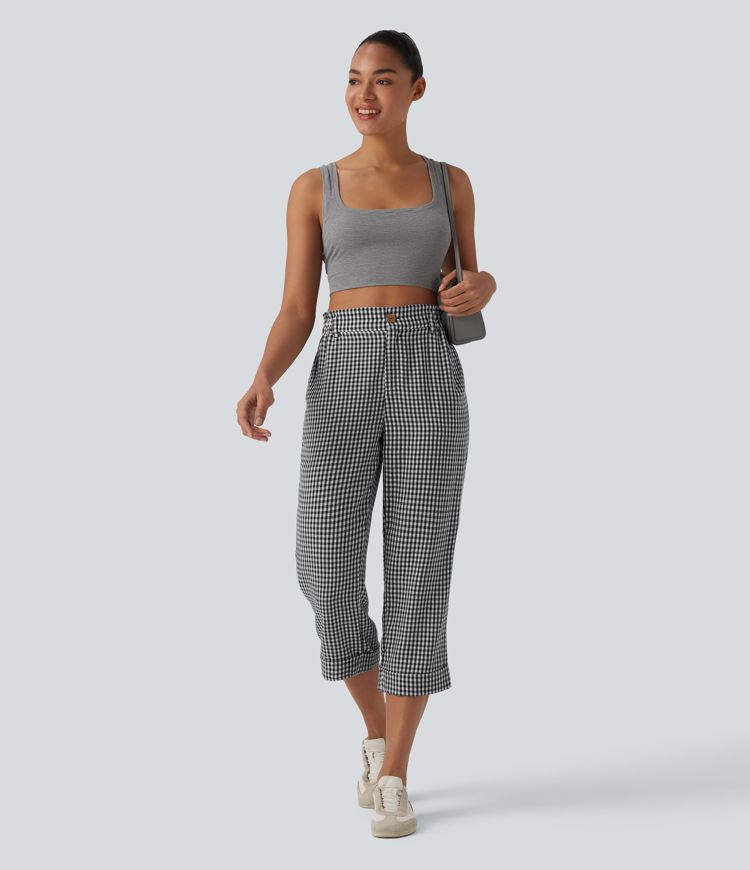High Waisted Cropped Plaid Casual Linen-Feel Pants with Pockets