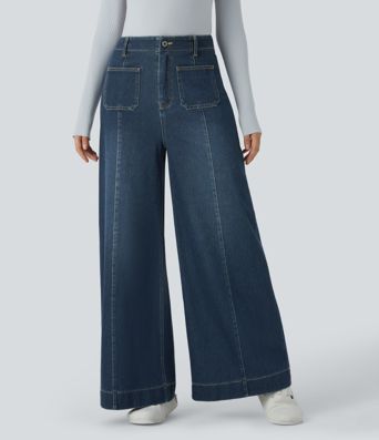 Halara Flex™ High Waisted Pockets Washed Casual Wide Leg Jeans
