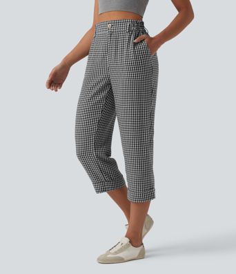 High Waisted Cropped Plaid Casual Linen-Feel Pants with Pockets