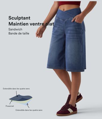 Short en jean ample Halara Flex™ taille haute croisé gainant décontracté avec poches