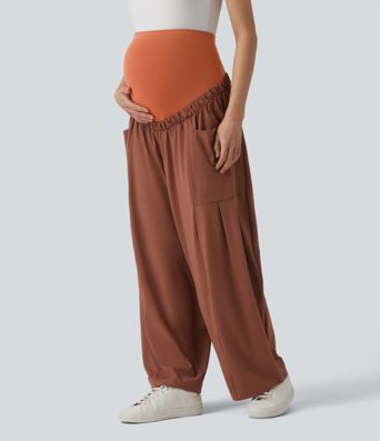 Super High Waisted Drawstring Casual Maternity Baggy Pants with Pockets