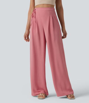 High Waisted Tie Side Wide Leg Casual Linen-Feel Pants with Pockets