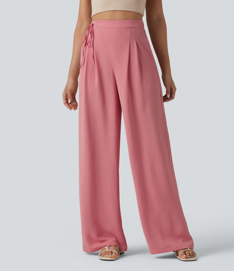 High Waisted Tie Side Wide Leg Casual Linen-Feel Pants with Pockets