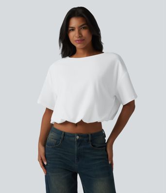 Durable Water Repellent Round Neck Short Sleeve Bubble Hem Casual Top Durable Water Repellent Round Neck Short Sleeve Bubble Hem Casual Top