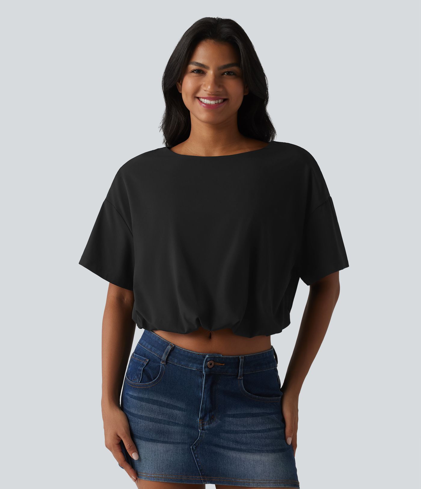 Durable Water Repellent Round Neck Short Sleeve Bubble Hem Casual Top