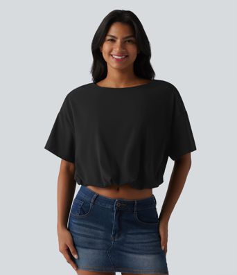 Durable Water Repellent Round Neck Short Sleeve Bubble Hem Casual Top