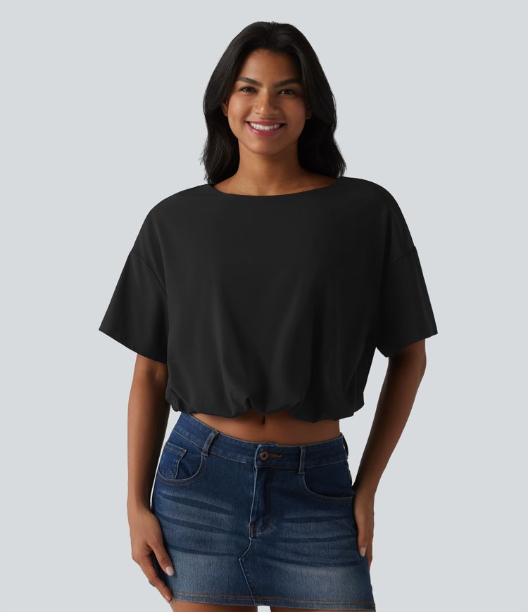 Durable Water Repellent Round Neck Short Sleeve Bubble Hem Casual Top