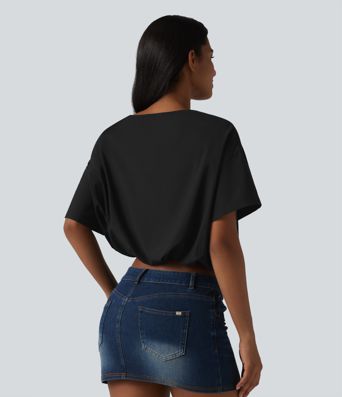 Durable Water Repellent Round Neck Short Sleeve Bubble Hem Casual Top