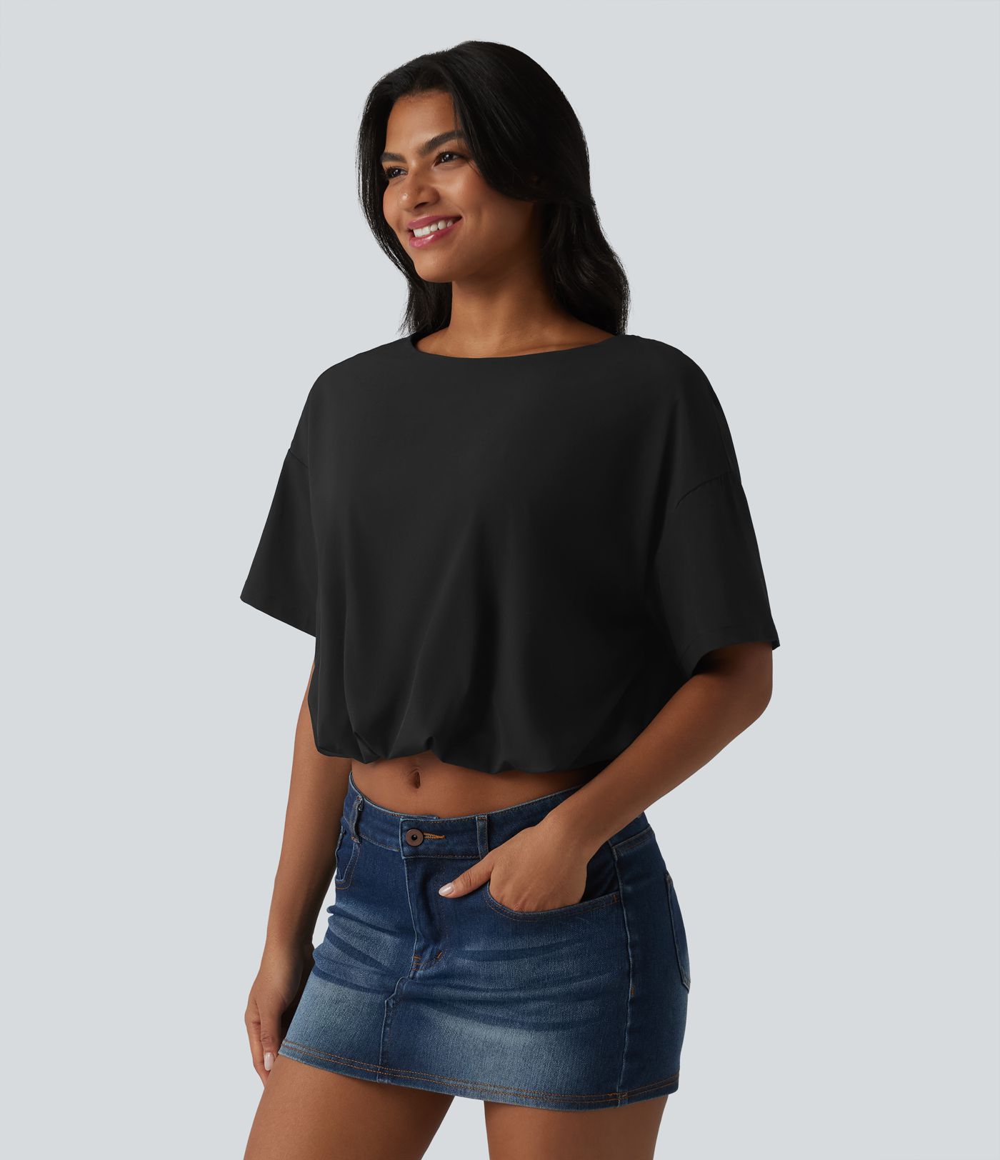 Durable Water Repellent Round Neck Short Sleeve Bubble Hem Casual Top