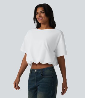 Durable Water Repellent Round Neck Short Sleeve Bubble Hem Casual Top Durable Water Repellent Round Neck Short Sleeve Bubble Hem Casual Top