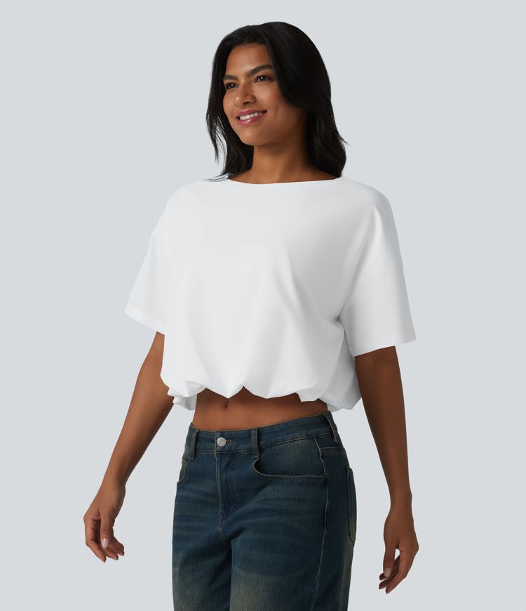 Durable Water Repellent Round Neck Short Sleeve Bubble Hem Casual Top Durable Water Repellent Round Neck Short Sleeve Bubble Hem Casual Top
