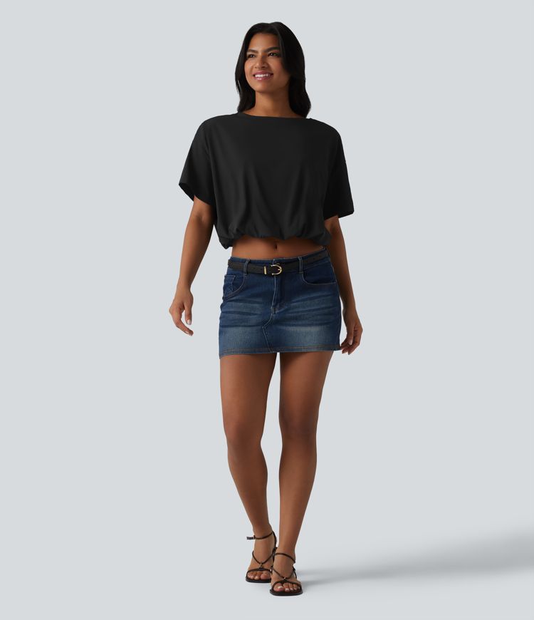 Durable Water Repellent Round Neck Short Sleeve Bubble Hem Casual Top