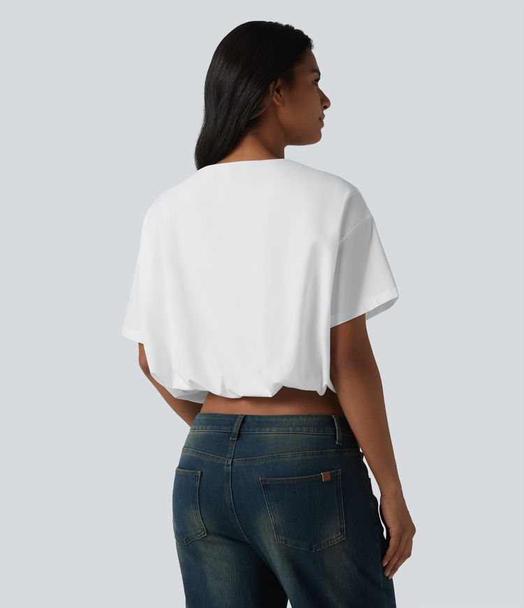 Durable Water Repellent Round Neck Short Sleeve Bubble Hem Casual Top Durable Water Repellent Round Neck Short Sleeve Bubble Hem Casual Top