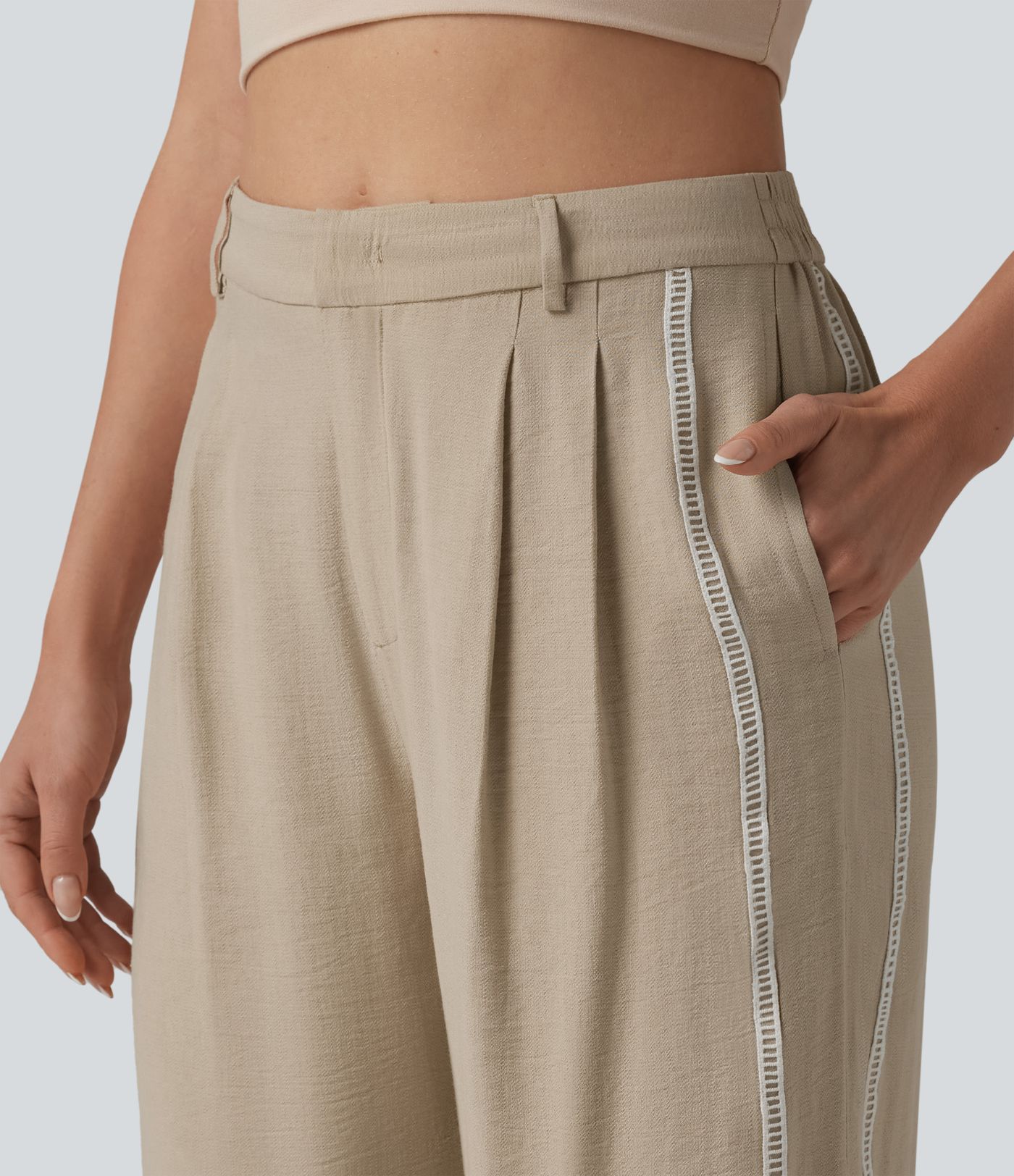 Pantalon large fluide décontracté taille haute color block aspect lin avec poches