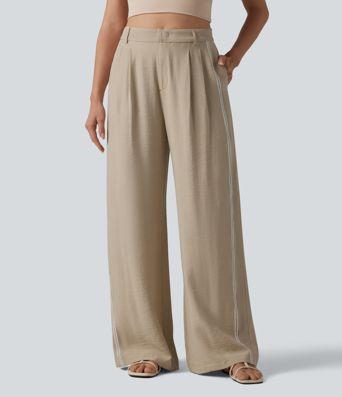 Pantalon large fluide décontracté taille haute color block aspect lin avec poches