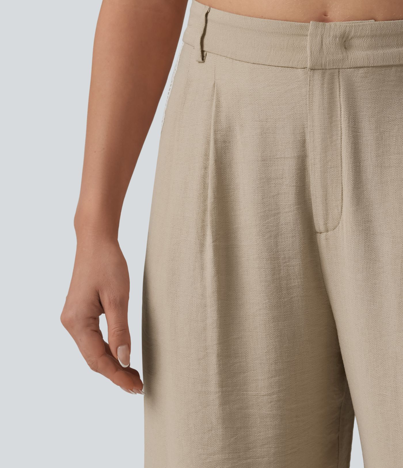 Pantalon large fluide décontracté taille haute color block aspect lin avec poches