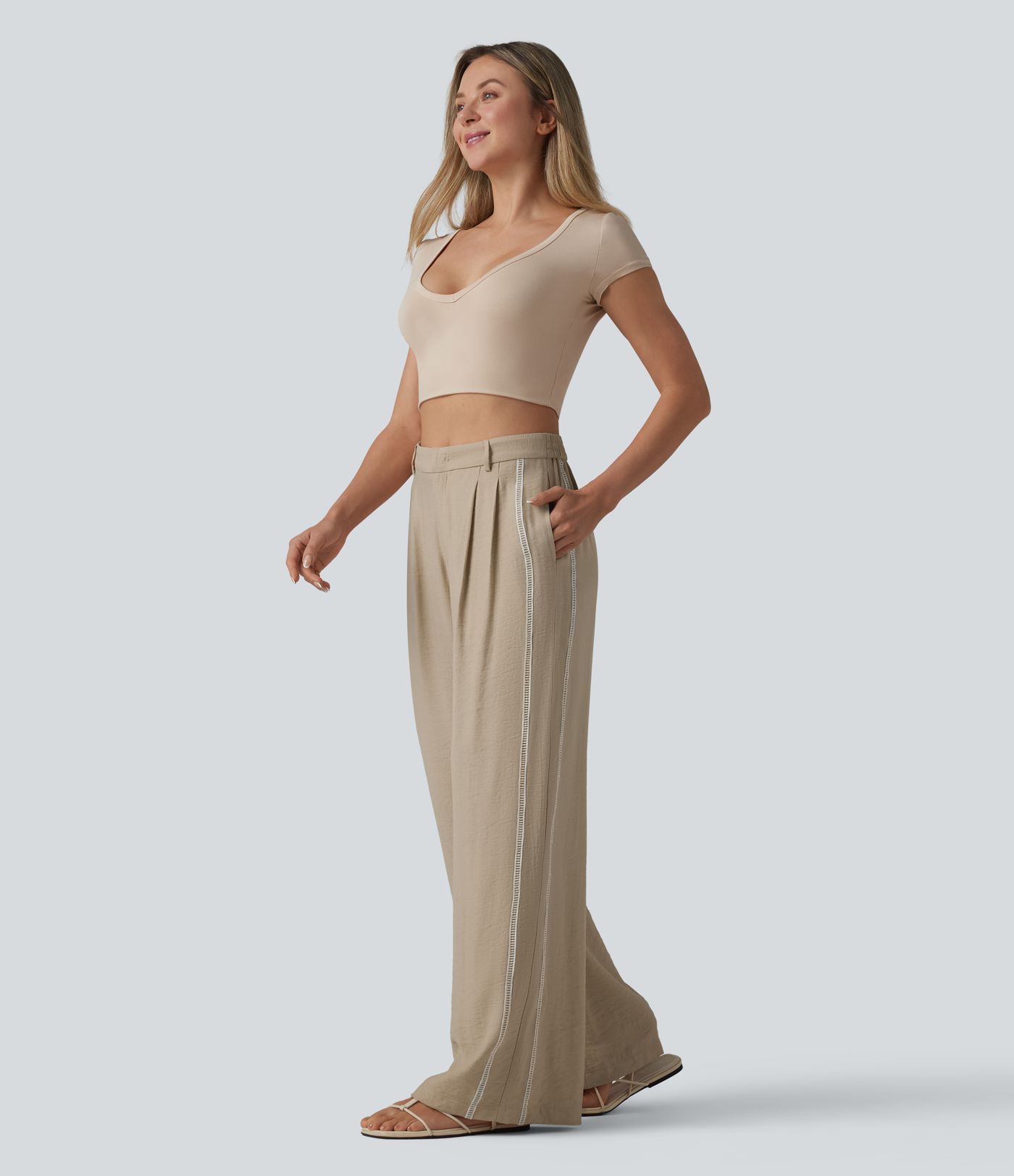 Pantalon large fluide décontracté taille haute color block aspect lin avec poches