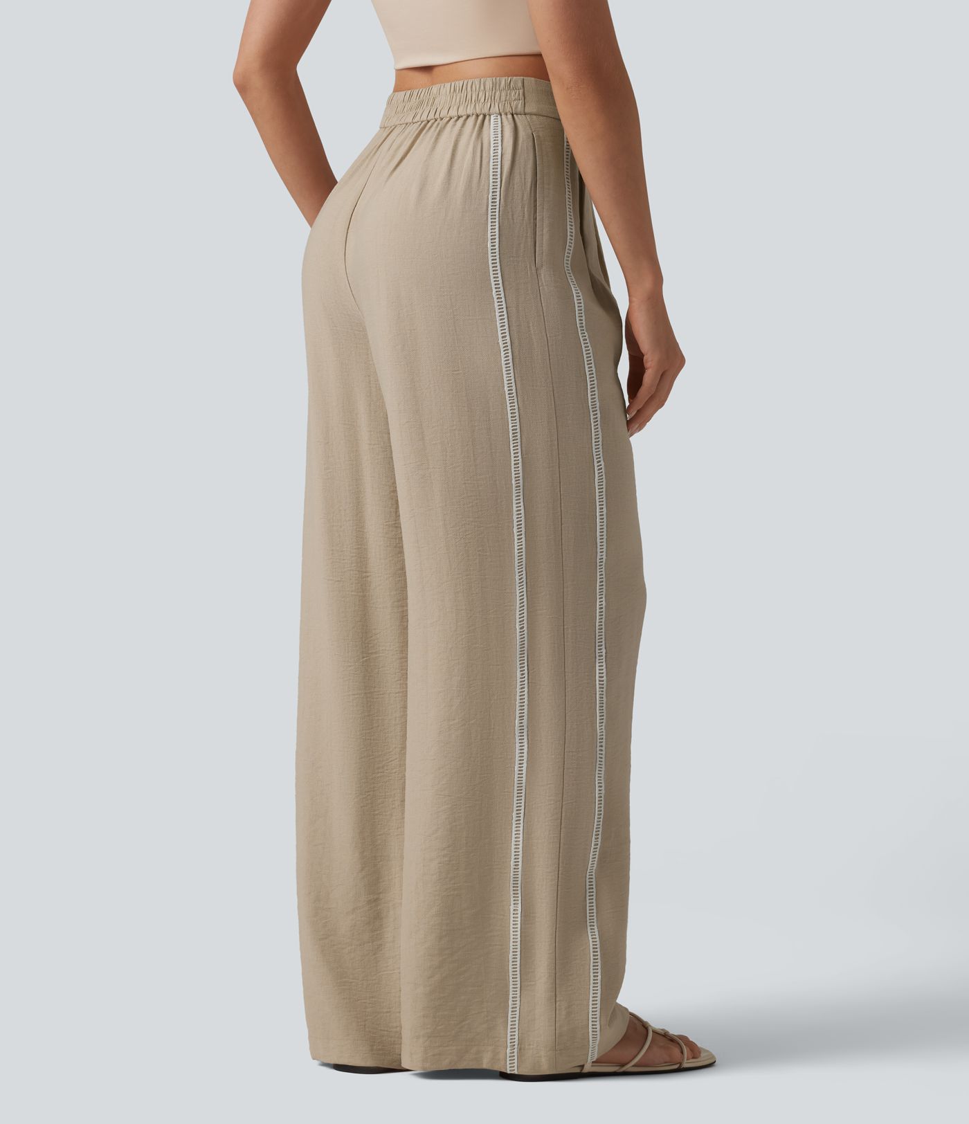 Pantalon large fluide décontracté taille haute color block aspect lin avec poches