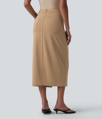 Asymmetric Mid Rise Split Midi Work Pencil Skirt with Pockets