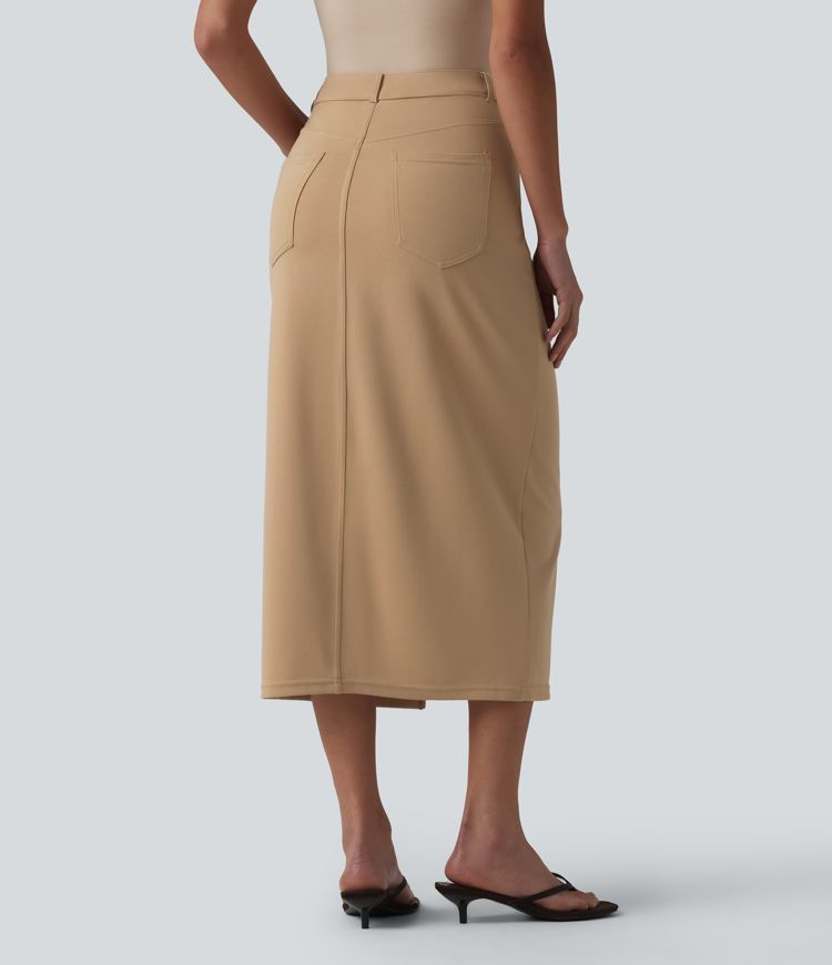 Asymmetric Mid Rise Split Midi Work Pencil Skirt with Pockets