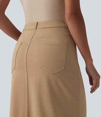 Asymmetric Mid Rise Split Midi Work Pencil Skirt with Pockets