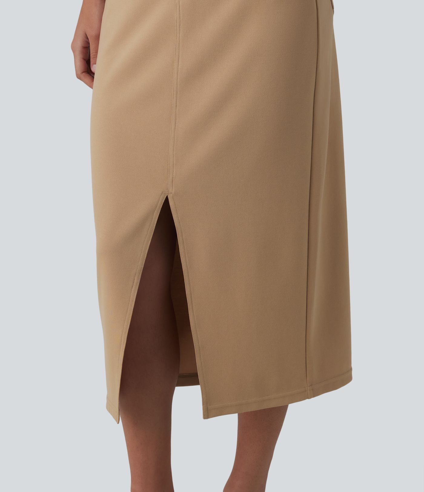Asymmetric Mid Rise Split Midi Work Pencil Skirt with Pockets