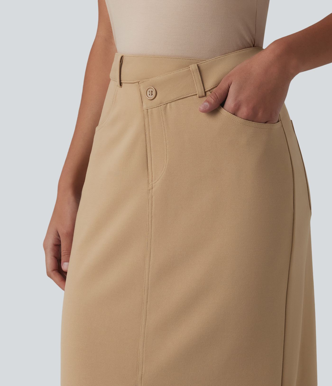 Asymmetric Mid Rise Split Midi Work Pencil Skirt with Pockets