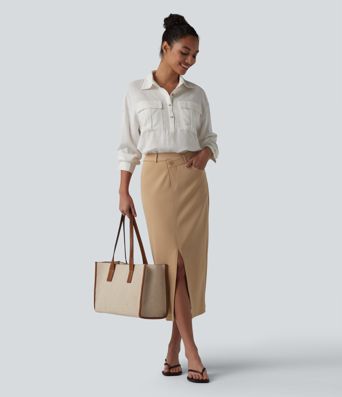 Asymmetric Mid Rise Split Midi Work Pencil Skirt with Pockets