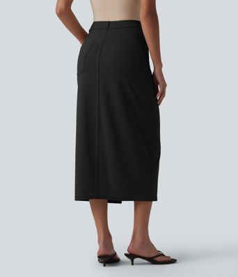 Asymmetric Mid Rise Split Midi Work Pencil Skirt with Pockets Asymmetric Mid Rise Split Midi Work Pencil Skirt with Pockets