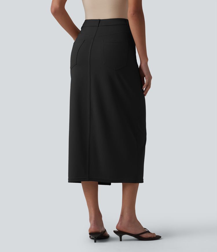 Asymmetric Mid Rise Split Midi Work Pencil Skirt with Pockets Asymmetric Mid Rise Split Midi Work Pencil Skirt with Pockets