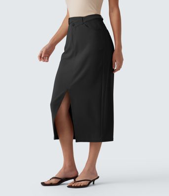 Asymmetric Mid Rise Split Midi Work Pencil Skirt with Pockets Asymmetric Mid Rise Split Midi Work Pencil Skirt with Pockets