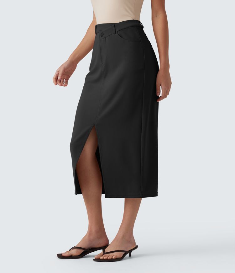 Asymmetric Mid Rise Split Midi Work Pencil Skirt with Pockets Asymmetric Mid Rise Split Midi Work Pencil Skirt with Pockets