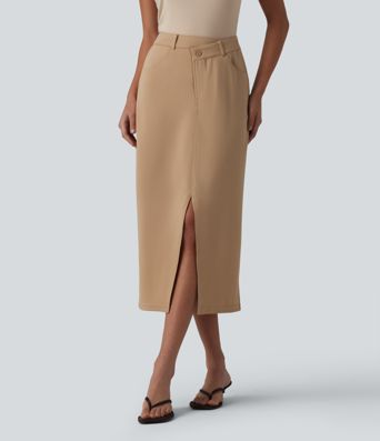 Asymmetric Mid Rise Split Midi Work Pencil Skirt with Pockets