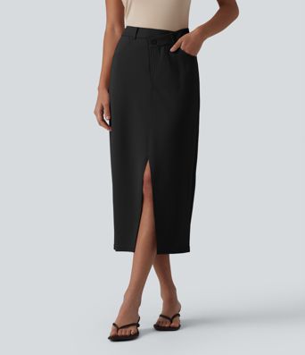Asymmetric Mid Rise Split Midi Work Pencil Skirt with Pockets Asymmetric Mid Rise Split Midi Work Pencil Skirt with Pockets