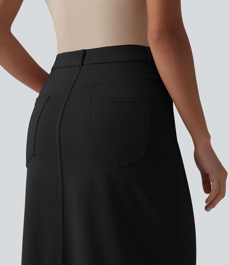 Asymmetric Mid Rise Split Midi Work Pencil Skirt with Pockets Asymmetric Mid Rise Split Midi Work Pencil Skirt with Pockets