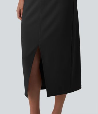 Asymmetric Mid Rise Split Midi Work Pencil Skirt with Pockets Asymmetric Mid Rise Split Midi Work Pencil Skirt with Pockets