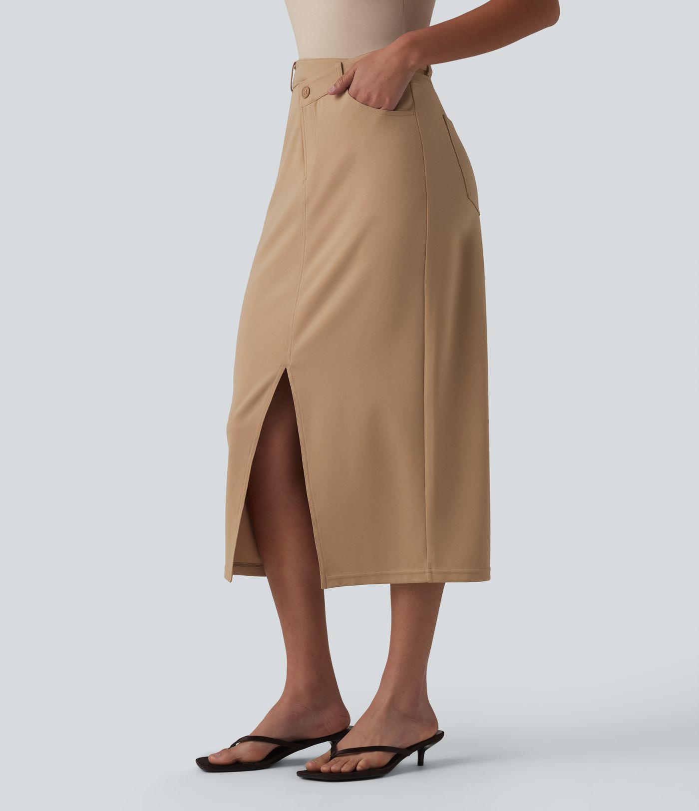 Asymmetric Mid Rise Split Midi Work Pencil Skirt with Pockets